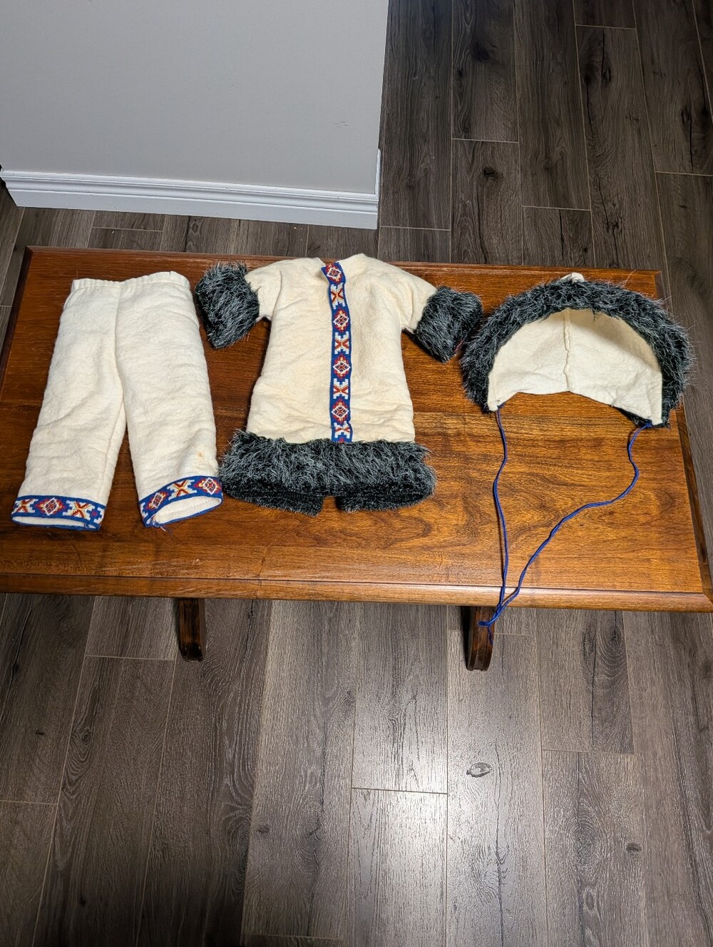 Doll White Faux Fur Trim Winter Clothes Set With Decorative Trim. Inuit Style..